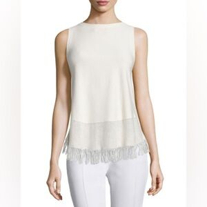 Theory Vendla O White Scoop Back Fringe Linen blend Sleeveless Top Size M    10